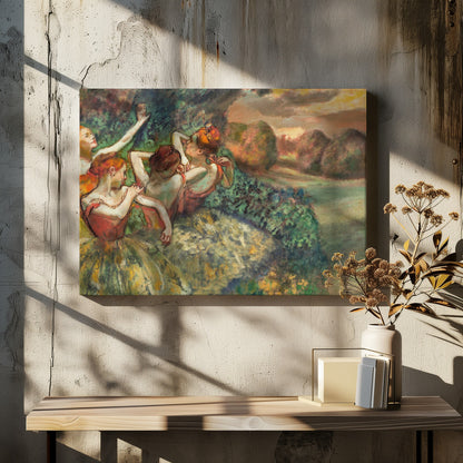 An impressionistic painting of four ballerinas in a lush outdoor setting. Dressed in orange bodices and yellow-green tutus, they are captured in candid moments of rest and preparation against a backdrop of green foliage and a warm sunset landscape. Poster