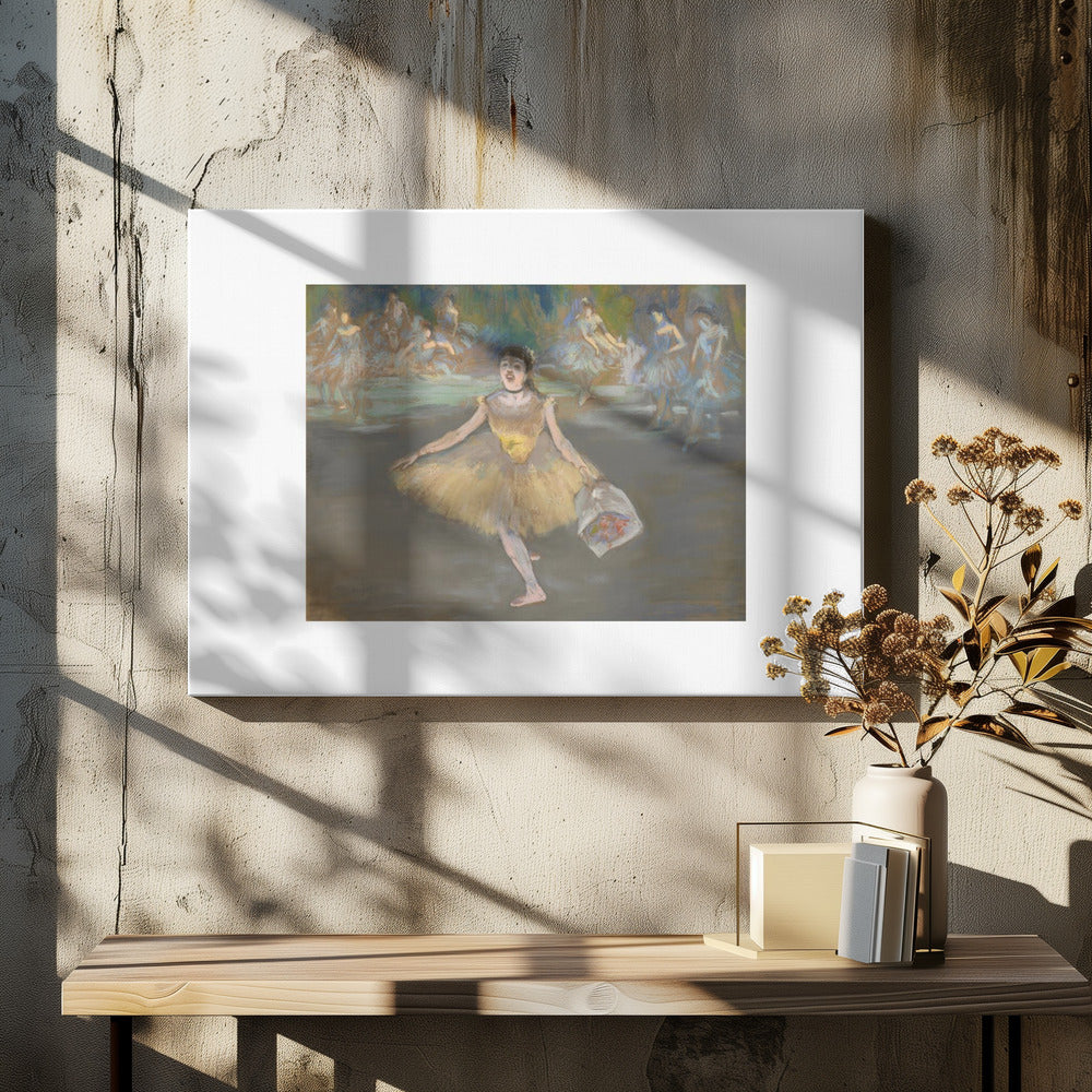A framed print of the impressionist painting 'Dancer with a Bouquet of Flowers' by Edgar Degas. A ballerina in a yellow tutu is center stage, taking a bow while holding a bouquet. Other dancers in blue tutus are visible in the background. Poster
