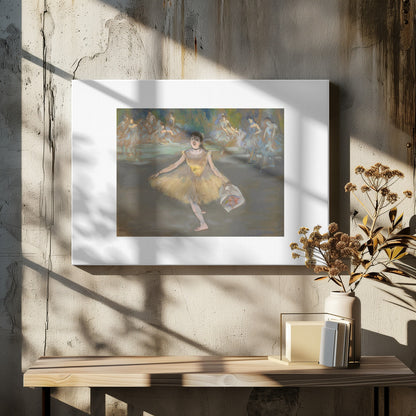 A framed print of the impressionist painting 'Dancer with a Bouquet of Flowers' by Edgar Degas. A ballerina in a yellow tutu is center stage, taking a bow while holding a bouquet. Other dancers in blue tutus are visible in the background. Poster