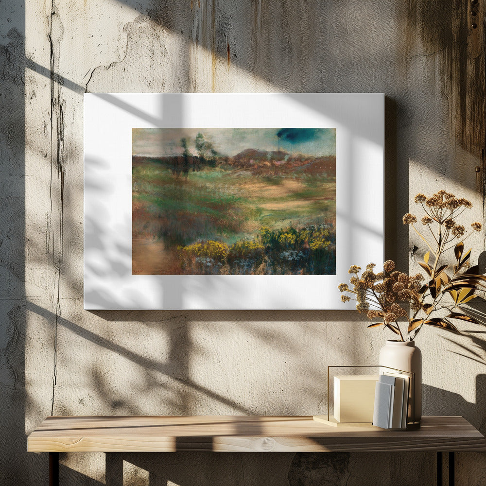 A framed impressionistic painting of a rolling landscape. In the foreground, there are bushes with yellow flowers. The midground features swaths of green and brown grasses, leading to a line of trees and hills in the background under a moody, overcast sky. The artwork is set in a white mat within a silver frame. Artwork