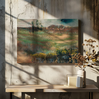 An impressionistic landscape painting in a silver frame, featuring earthy tones of green and brown across rolling hills, with vibrant yellow flowers in the foreground under a muted, stormy sky. Print