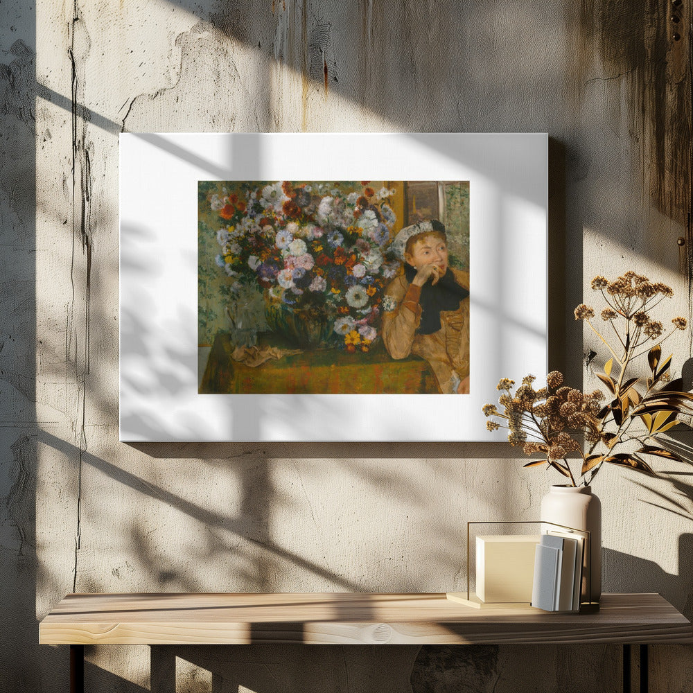 An art print featuring a woman seated beside a vase overflowing with colorful flowers, presented in a painterly style. Wall Art