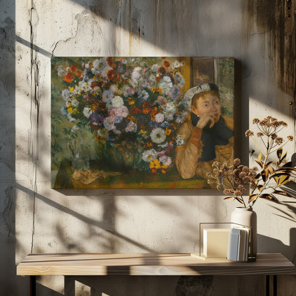 A woman seated beside a vase of flowers Artwork