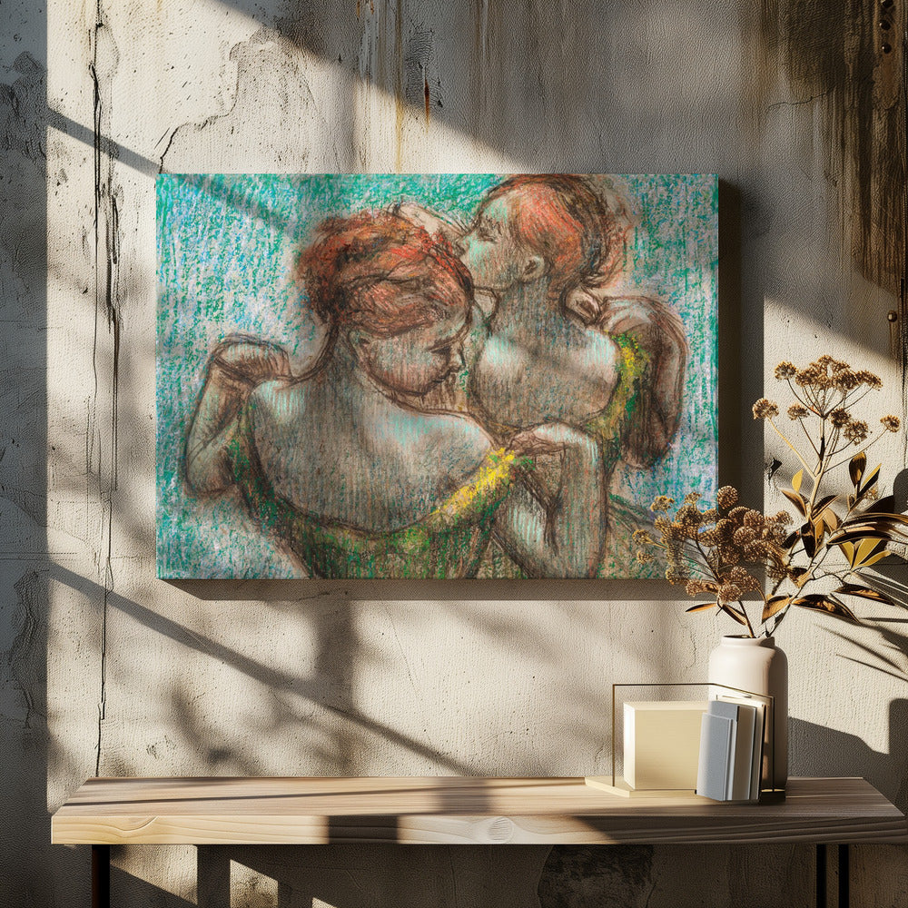 A framed pastel drawing in the Impressionist style depicting two female figures. One woman with reddish-brown hair in an updo is seen from the back, wearing a green dress. Another woman stands behind her, tenderly kissing the top of her head. The background is a textured, vibrant turquoise. Wall Art