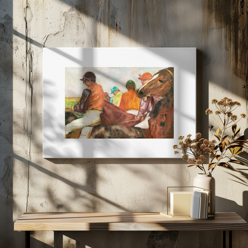 An impressionist painting by Edgar Degas depicting a group of jockeys on horseback. The jockeys wear colorful silks in orange, green, and teal. In the foreground, a brown horse's head is shown in profile, while another jockey in an orange vest is seen from the side. Wall Art