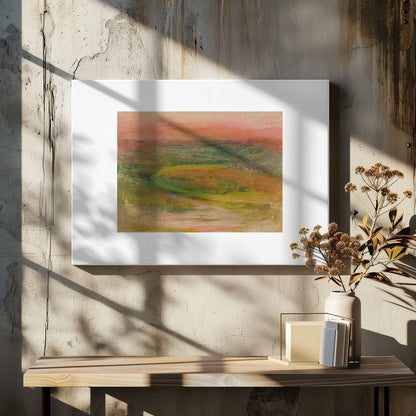 An abstract landscape painting with a soft, hazy aesthetic, featuring a pink and orange sky over a green and earthy-toned rolling terrain with a winding path. The artwork is framed in a silver frame with a wide white mat. Wall Art