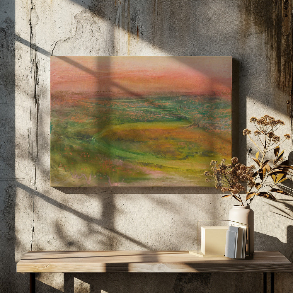 An abstract landscape painting in a silver frame. The artwork features a warm, peachy-orange sky above a rolling terrain of muted greens, yellows, and oranges. A faint, winding path meanders through the landscape, rendered in a soft, impressionistic style. Artwork
