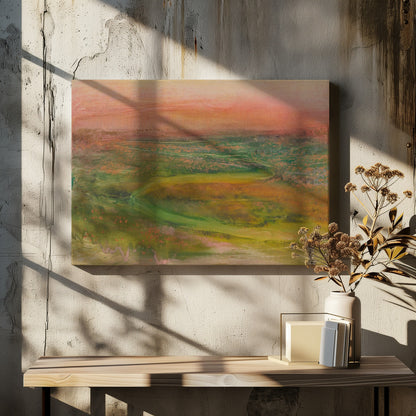 An abstract landscape painting in a silver frame. The artwork features a warm, peachy-orange sky above a rolling terrain of muted greens, yellows, and oranges. A faint, winding path meanders through the landscape, rendered in a soft, impressionistic style. Artwork