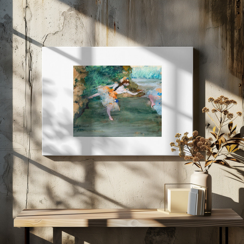 An Impressionist painting of a ballerina mid-dance on a stage, wearing a white and orange tutu. The background is a wash of green and brown tones. The painting is presented within a white mat and a silver frame. Artwork