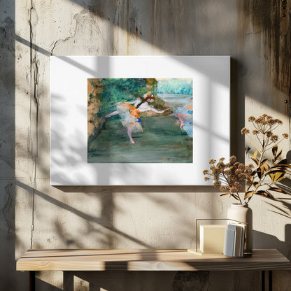An Impressionist painting of a ballerina mid-dance on a stage, wearing a white and orange tutu. The background is a wash of green and brown tones. The painting is presented within a white mat and a silver frame. Artwork