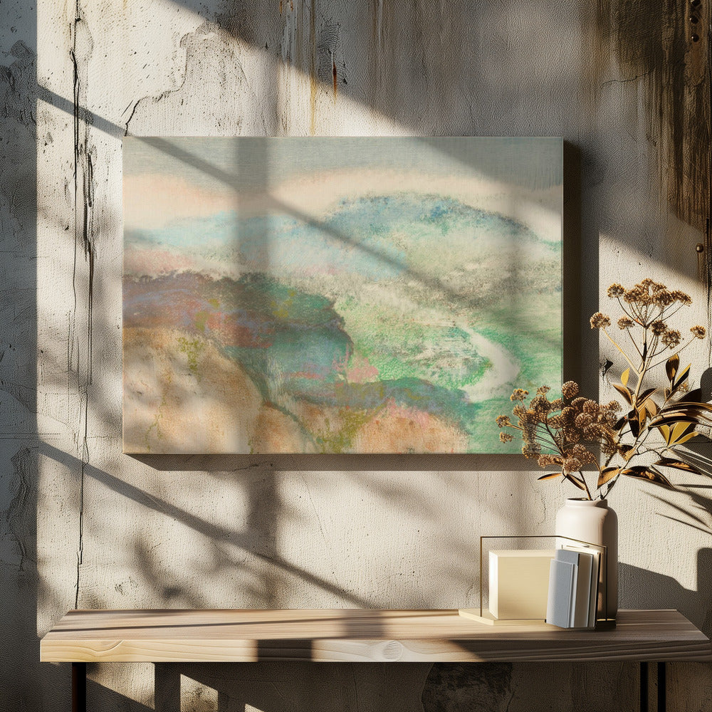 An abstract landscape painting in a silver frame, featuring soft, blended colors. Muted green and blue hills recede into a hazy, pale sky, while a winding white path cuts through a valley. The overall texture is soft and dreamlike. Decor