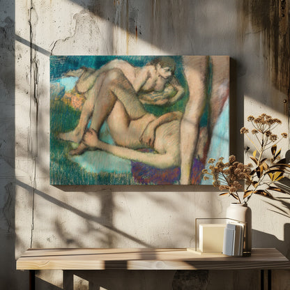 An impressionistic pastel drawing by Edgar Degas depicting several nude female figures in various lounging poses. The figures are set against a richly textured background of deep green and teal, with visible energetic pastel strokes defining their forms and the surrounding space. Decor