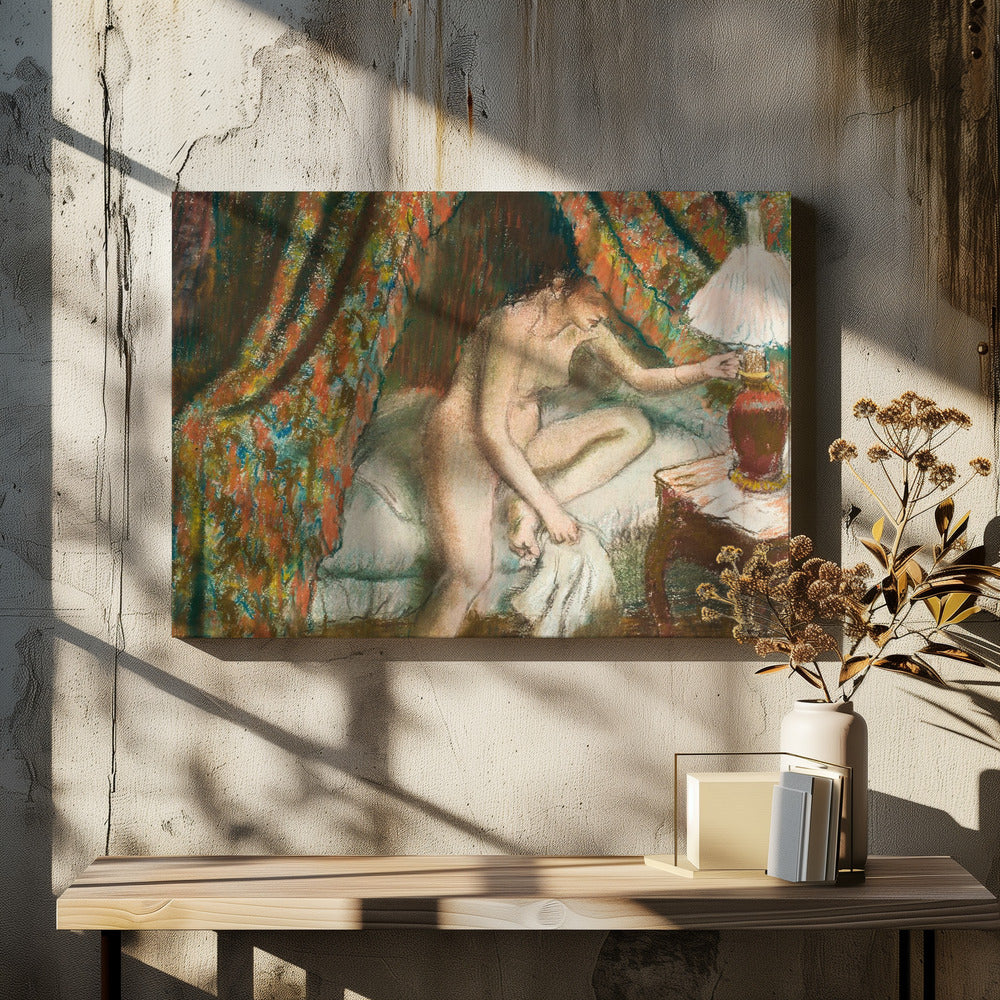 An Impressionist pastel painting of a nude woman sitting on the edge of a bed. She is reaching to turn on a bedside lamp. The background features a heavily patterned, colorful curtain, and the entire scene is rendered with soft, textured strokes and framed in silver. Poster