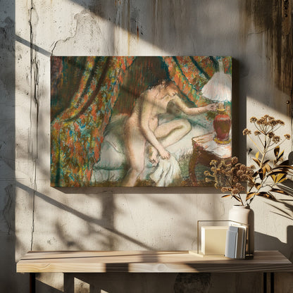An Impressionist pastel painting of a nude woman sitting on the edge of a bed. She is reaching to turn on a bedside lamp. The background features a heavily patterned, colorful curtain, and the entire scene is rendered with soft, textured strokes and framed in silver. Poster
