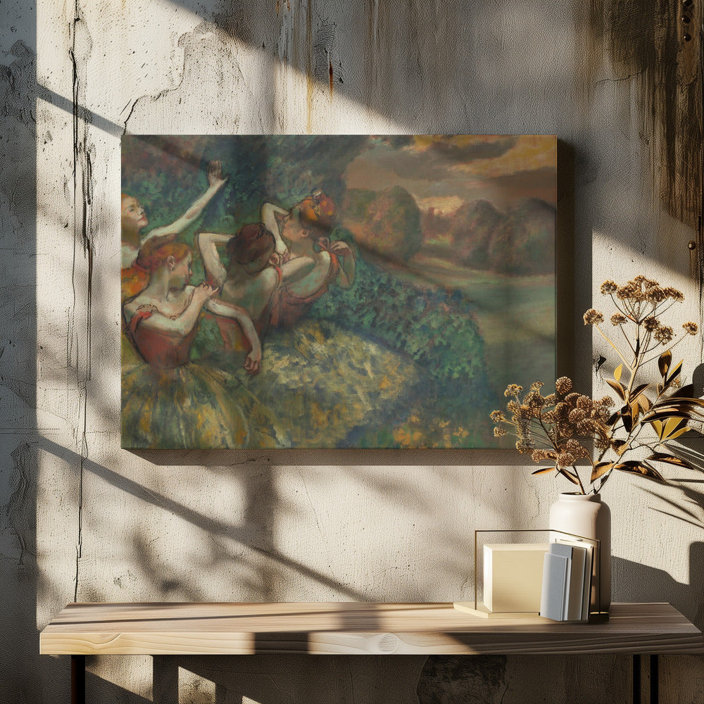 An Impressionist painting by Edgar Degas, 'The Curtain Falls', depicting four ballet dancers in red and green costumes outdoors at dusk, with a landscape of haystacks in the background, all within a silver frame. Print