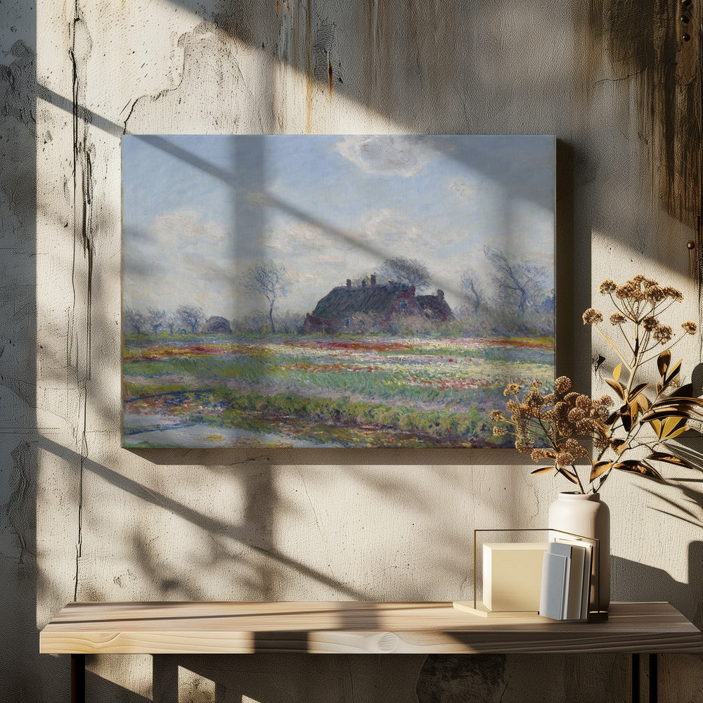 An Impressionist painting of a Dutch landscape featuring a field of colorful tulips in the foreground and a traditional farmhouse with a thatched roof in the background, under a cloudy blue sky. The artwork is displayed in a silver frame. Poster
