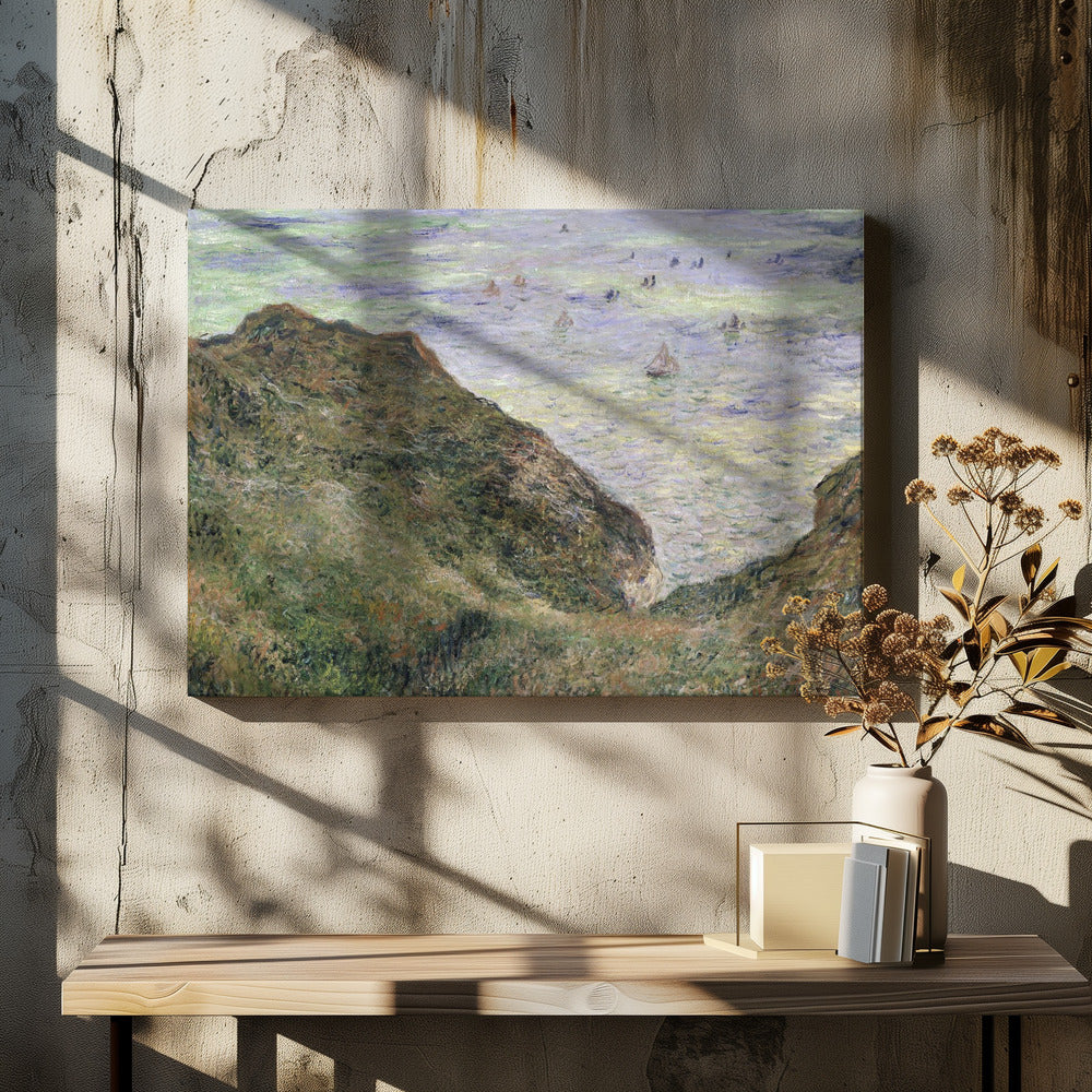 An impressionistic painting of a coastal scene, viewed from a high, grassy cliff looking down at the sea. The water is a mix of green, blue, and purple hues with several small sailboats scattered across its surface. The artwork is framed in a simple silver frame. Poster