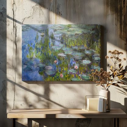 An Impressionist painting of a water lily pond, with vibrant blue water reflecting lush green foliage. Numerous green lily pads float on the surface, and several white and pink water lilies are in bloom. The artwork, which has visible brushstrokes, is presented in a simple silver frame. Print