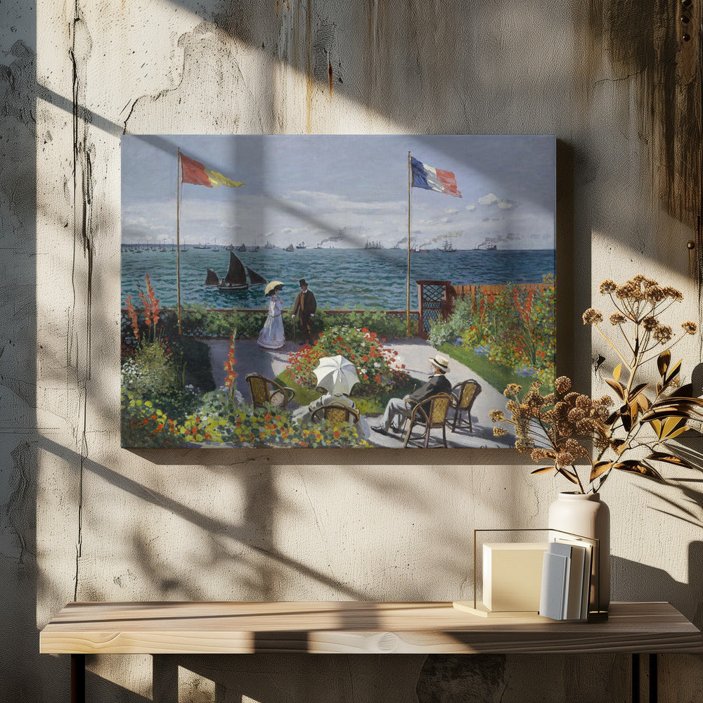 Claude Monet's impressionist painting, 'Garden at Sainte-Adresse', depicting a vibrant flower garden on a terrace overlooking a blue sea filled with sailboats and steamships. Four figures are in the garden, with two flags, including the French flag, flying on tall poles under a partly cloudy sky. Artwork