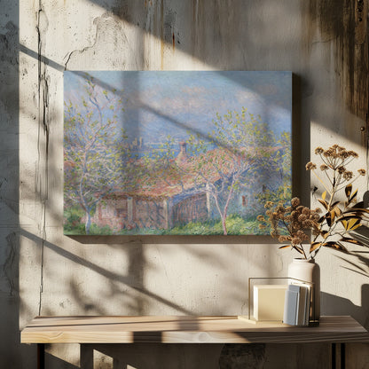 An impressionist painting of a coastal landscape, with leafy spring trees in the foreground framing the view over a terracotta-roofed house to the blue sea and distant mountains. Decor