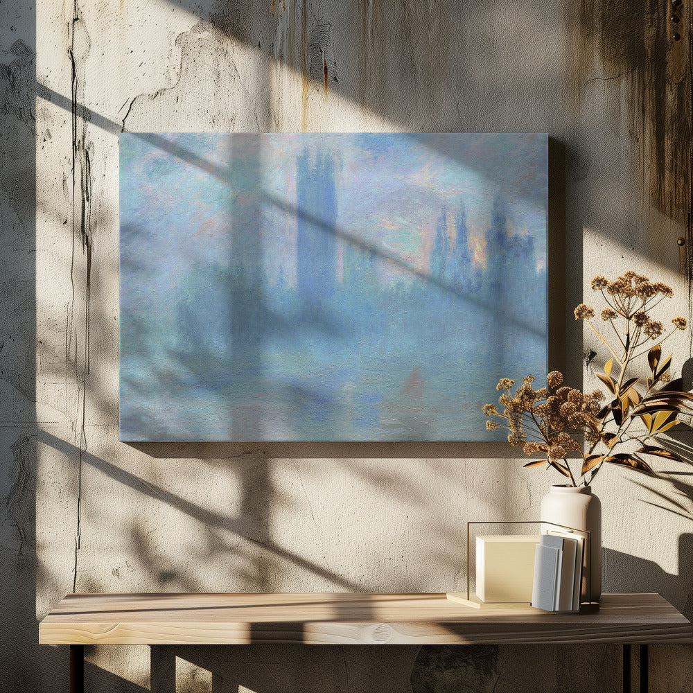 An impressionistic painting of the Houses of Parliament in London, shrouded in a dense blue and purple fog. The iconic Victoria Tower stands tall in the center, with the rest of the building's silhouette barely visible against a hazy sky with hints of sunrise. The scene is presented in a silver frame. Print