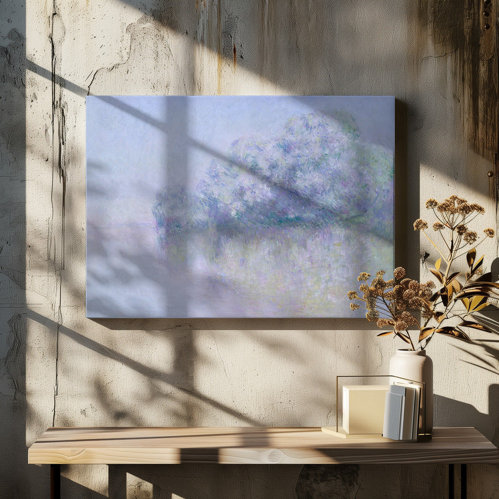 An impressionist painting in a silver frame, depicting a hazy, atmospheric landscape. A grove of trees, painted in soft strokes of purple, lavender, and blue, is reflected in the calm water below. The overall mood is serene and dreamlike due to the soft focus and blended pastel colors. Decor