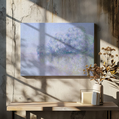 An impressionist painting in a silver frame, depicting a hazy, atmospheric landscape. A grove of trees, painted in soft strokes of purple, lavender, and blue, is reflected in the calm water below. The overall mood is serene and dreamlike due to the soft focus and blended pastel colors. Decor