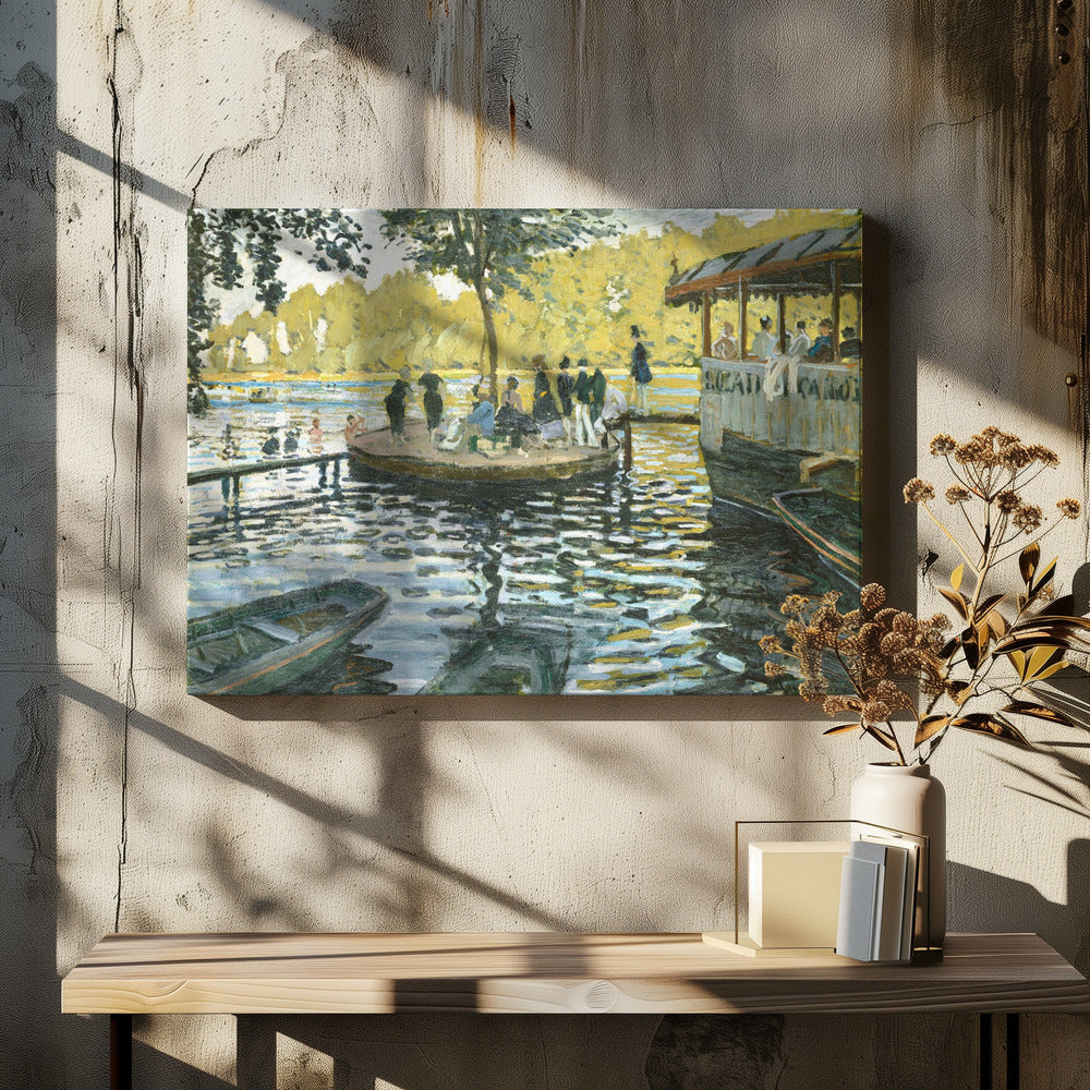 A framed reproduction of Claude Monet's impressionist painting, 'Bain à la Grenouillère'. The scene captures a riverside leisure spot with people on a small island and on a floating restaurant, with the water rendered in shimmering strokes of blue, green, and yellow. Poster