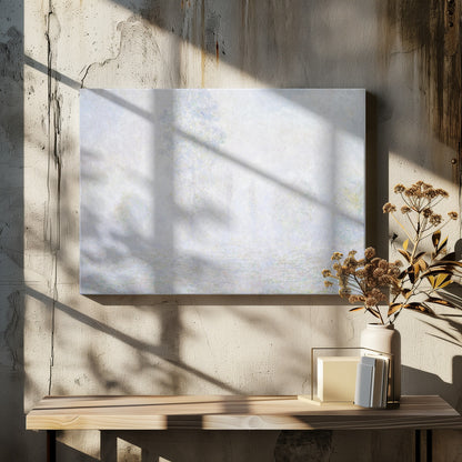 An impressionist painting of a foggy or frosty landscape, rendered in pale, hazy shades of white, gray, and light blue, with faint outlines of trees. The artwork is presented in a simple silver frame. Artwork