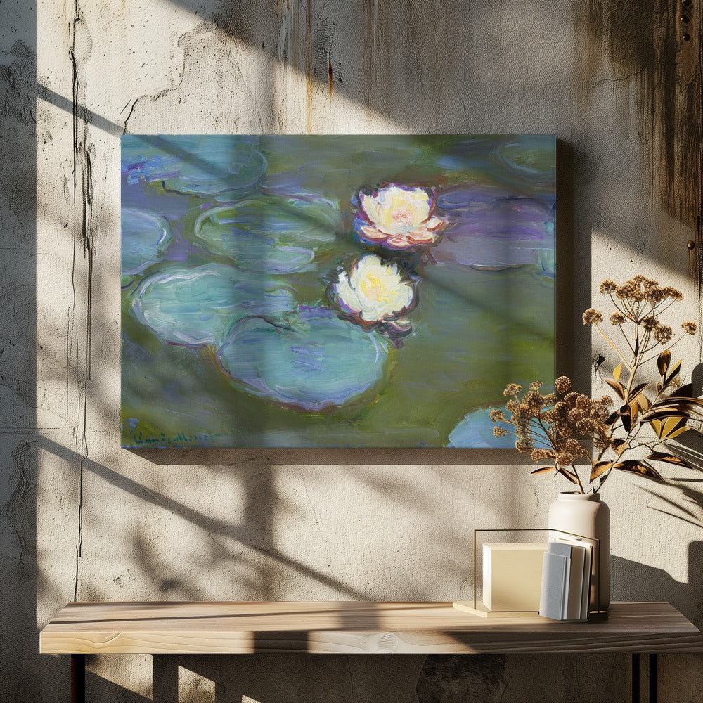 An Impressionist painting by Claude Monet of two white water lilies floating on a pond among large, blue-green lily pads, captured with thick, visible brushstrokes and framed in a silver frame. Print