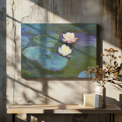 An Impressionist painting by Claude Monet of two white water lilies floating on a pond among large, blue-green lily pads, captured with thick, visible brushstrokes and framed in a silver frame. Print
