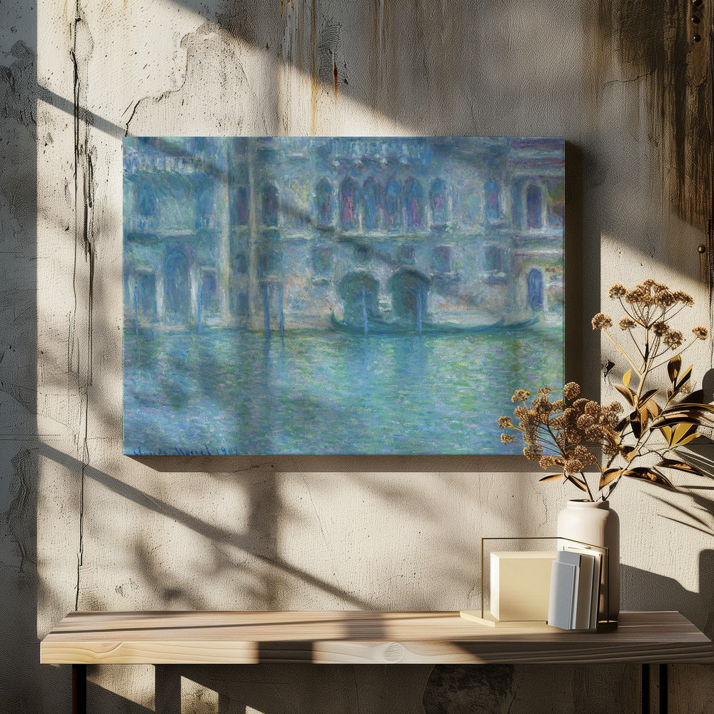 An Impressionist painting by Claude Monet titled 'The Palazzo Contarini,' depicting a grand Venetian building from across a canal. The artwork is characterized by hazy, blended brushstrokes in a cool palette of blues, greens, and purples, creating a misty and atmospheric effect on the water and architecture. A single gondola is moored near the building's entrance. The painting is displayed within a silver frame. Decor