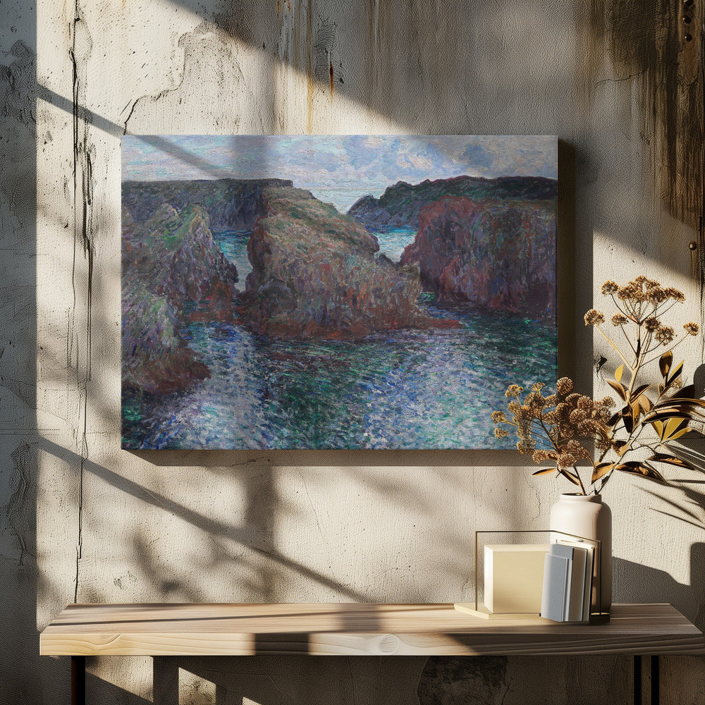 An impressionist painting of a rocky sea coast, featuring dark, craggy cliffs surrounding a turbulent channel of blue and green water under a pale, cloudy sky. The artwork is presented in a modern silver frame. Print