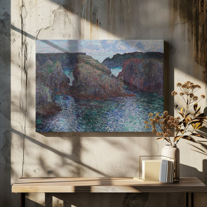 An impressionist painting of a rocky sea coast, featuring dark, craggy cliffs surrounding a turbulent channel of blue and green water under a pale, cloudy sky. The artwork is presented in a modern silver frame. Print