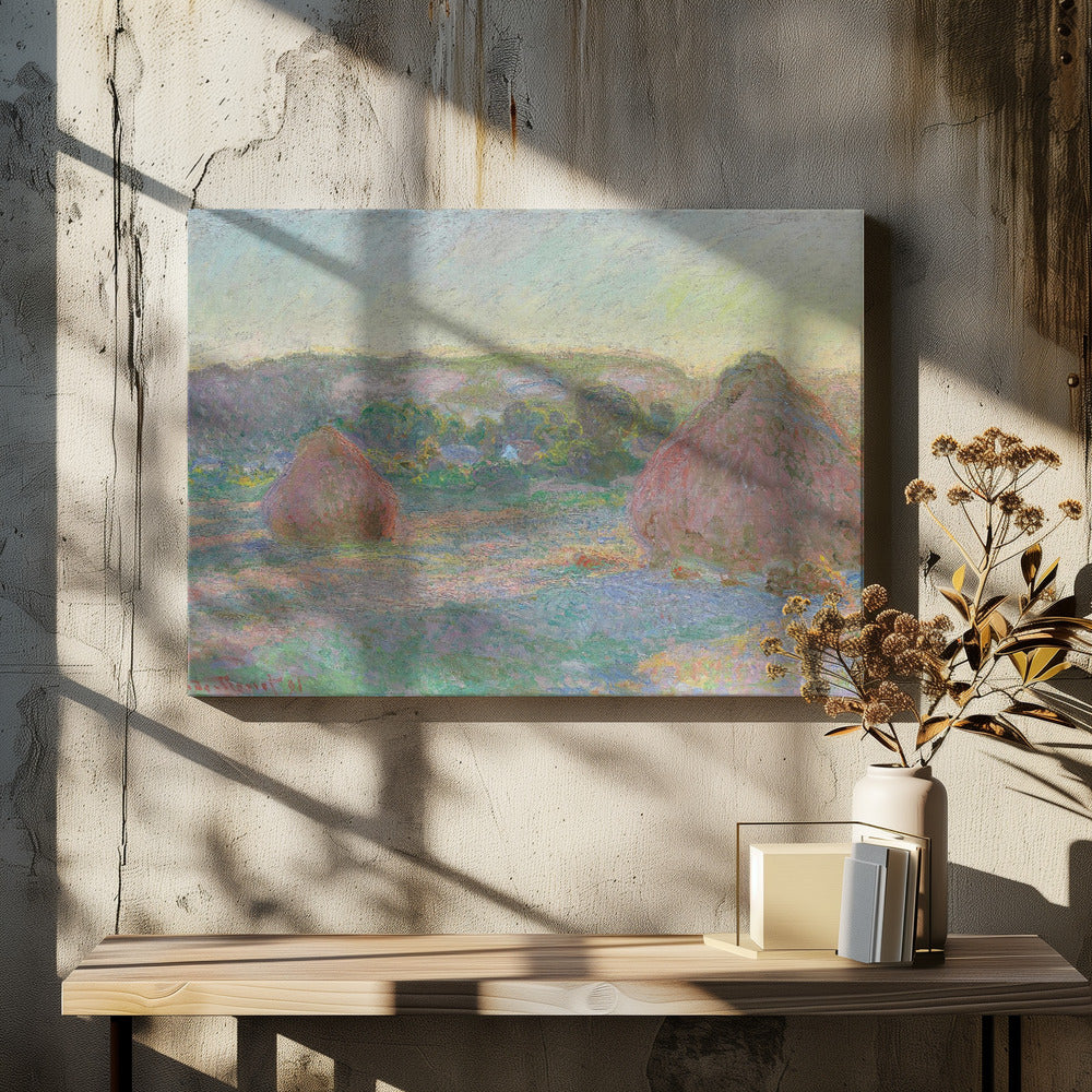 An Impressionist painting by Claude Monet depicting two large, reddish haystacks in a field of green and purple hues during sunrise, with a line of distant trees under a pale yellow sky, all within a silver frame. Poster