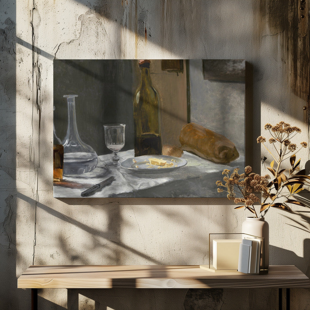A classic still life oil painting depicting a simple meal on a white tablecloth, featuring a bottle of wine, a water decanter, a glass, a plate with cheese, a loaf of bread, and a knife, all set against a dark, moody background and framed in silver. Wall Art