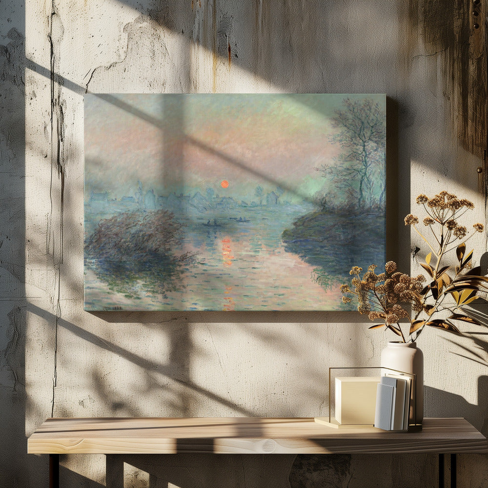 A framed Impressionist painting of a sunrise over a hazy harbor. The orange sun is reflected in the blue-gray water, where small boats float. In the background, the faint outlines of a city are visible through the mist. Poster