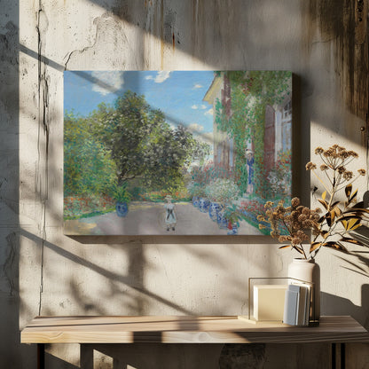 An Impressionist painting of a lush garden on a sunny day. A young girl with a hoop stands on a path lined with blue pots, leading to a vine-covered house where a woman stands in a doorway. Lush green trees and vibrant flowers fill the scene under a blue sky. Decor