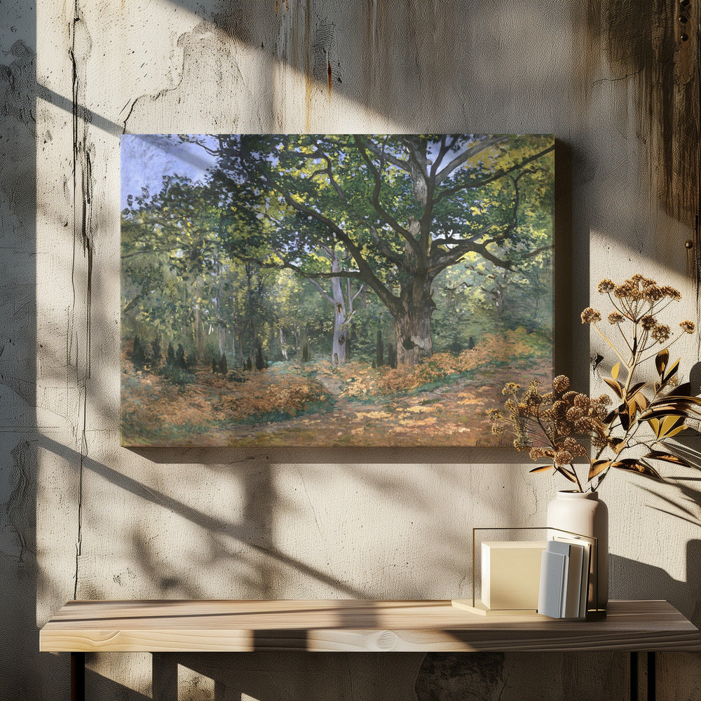 An impressionist painting by Claude Monet titled 'The Bodmer Oak, Fontainebleau Forest'. The artwork depicts a massive, ancient oak tree dominating a sun-dappled forest scene. The ground is covered in golden-brown ferns, and sunlight filters through the lush green canopy, creating a play of light and shadow. Decor