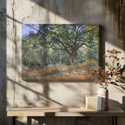 An impressionist painting by Claude Monet titled 'The Bodmer Oak, Fontainebleau Forest'. The artwork depicts a massive, ancient oak tree dominating a sun-dappled forest scene. The ground is covered in golden-brown ferns, and sunlight filters through the lush green canopy, creating a play of light and shadow. Decor