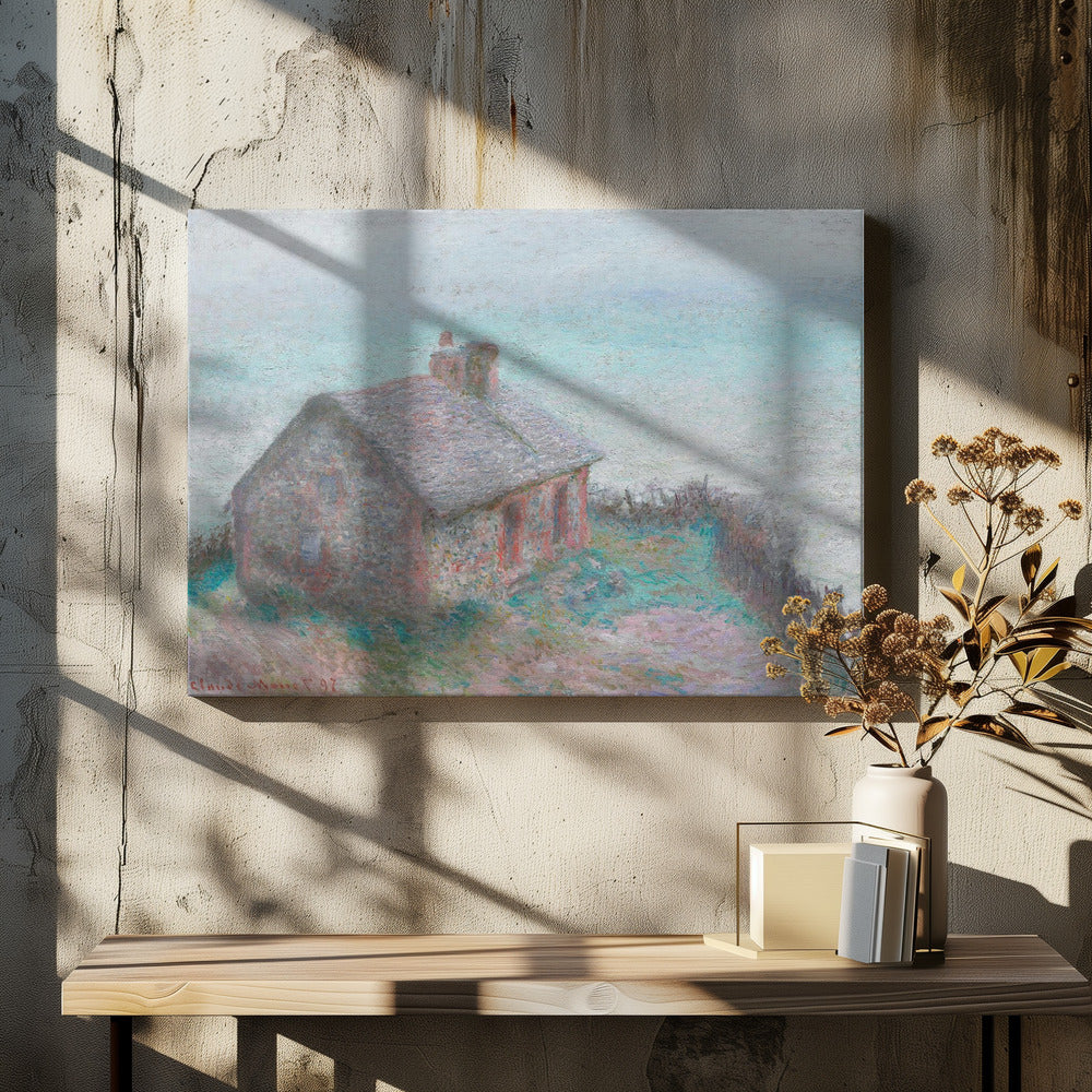 An impressionist painting of a stone cottage on a grassy hill against a pale, hazy sky. The artwork is characterized by its textured, pointillist brushwork and a soft, muted color palette of greys, pale blues, pinks, and greens, creating a serene and atmospheric scene. The painting is displayed in a modern silver frame. Decor