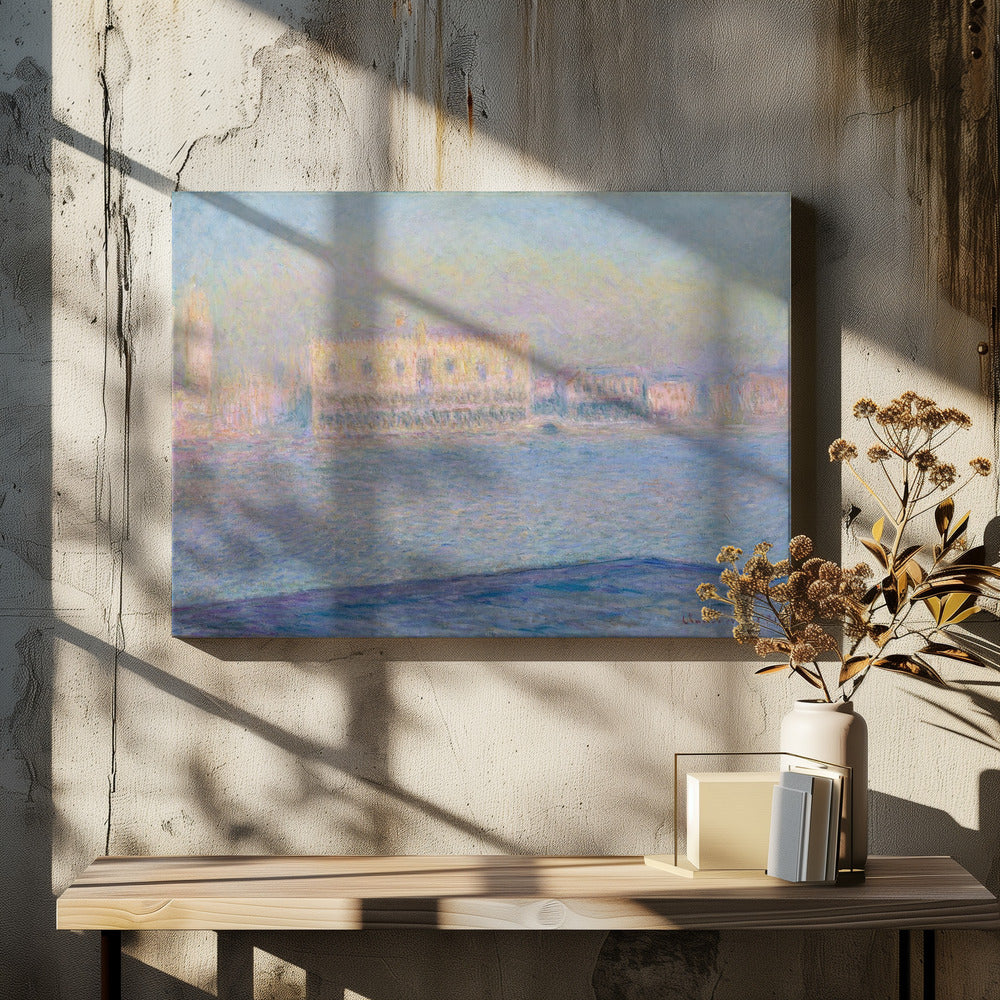 An impressionist painting by Claude Monet of the Doge's Palace in Venice, viewed across the water. The scene is depicted in a hazy, dreamlike atmosphere with a pastel color palette of blues, yellows, and purples, framed in a simple silver frame. Print