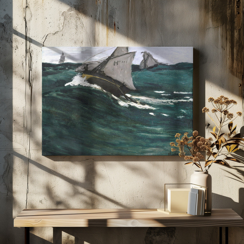An impressionist painting depicting sailboats navigating a rough, dark green sea under a cloudy sky. The central boat is shown cutting through a large wave, creating white spray, giving the scene a dynamic and dramatic feel. The artwork is housed in a silver frame. Poster