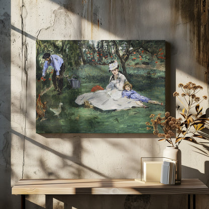 A framed impressionist painting by Édouard Manet, 'The Monet Family in Their Garden at Argenteuil', showing a woman and a child resting on a green lawn while a man tends to flowers in the background. Chickens roam in the foreground of the idyllic garden scene. Poster
