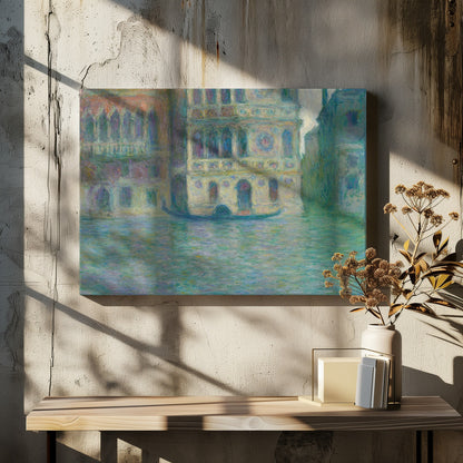 An impressionist painting depicting ornate Venetian palaces along a canal. The buildings are rendered in soft yellows, oranges, and purples, while the water is a textured expanse of blues and greens. A solitary gondola floats in the water. The artwork is presented in a simple silver frame. Poster