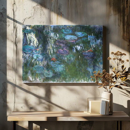 An impressionist painting by Claude Monet of his water lily pond. The canvas is filled with cool tones of green, blue, and purple depicting the water and lily pads. Short, vertical brushstrokes of white and yellow suggest the reflection of light on the water's surface, while small dabs of orange indicate blooming flowers. The entire painting is enclosed in a modern silver frame. Artwork