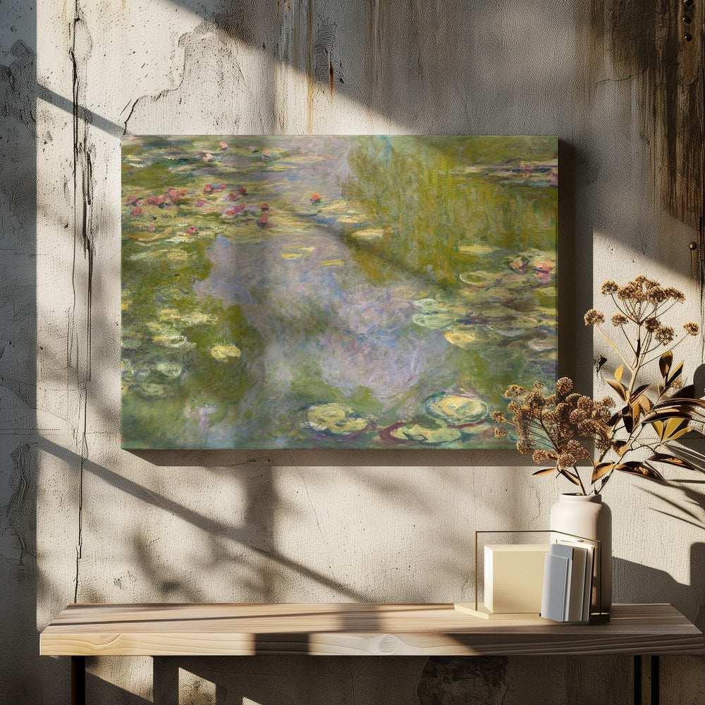 An impressionist painting of a water lily pond by Monet, featuring pink and red water lilies floating amongst green pads on the water's surface, which reflects the surrounding greenery and sky in shades of green, blue, and violet. The painting is displayed in a modern silver frame. Wall Art