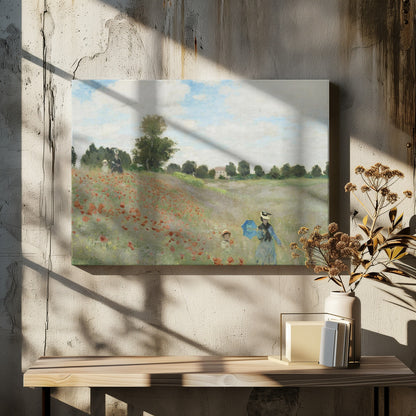 A framed Impressionist painting by Claude Monet titled 'Poppy Field,' depicting women and children strolling through a vibrant field of red poppies under a partly cloudy sky, with trees and a house in the distance. Print