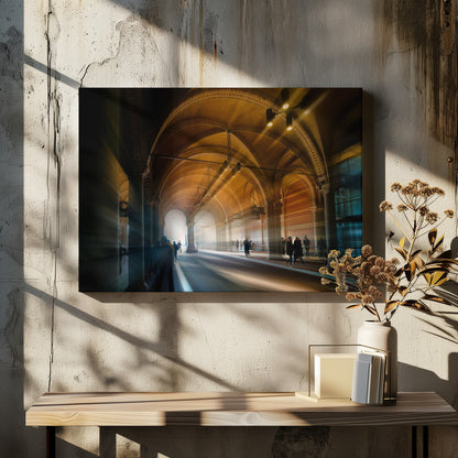 A long exposure photograph of a grand, vaulted hallway with brick arches. Dramatic beams of golden light cut through the space, creating horizontal streaks and a motion blur effect. Silhouettes of people walk through the atmospheric light and shadow. Wall Art