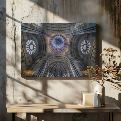 An upward-looking view of the highly ornate vaulted ceiling of a grand cathedral, featuring a central glass dome, large rose windows, and intricate gold and blue details, all framed in silver. Poster
